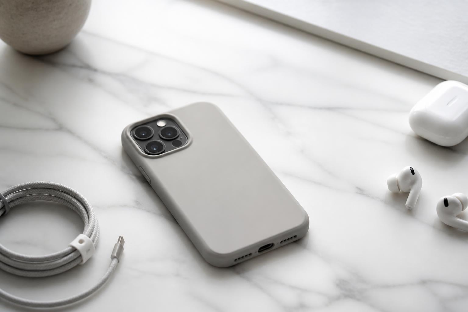 Funda premium CASEME sobre escritorio de mármol con accesorios tecnológicos